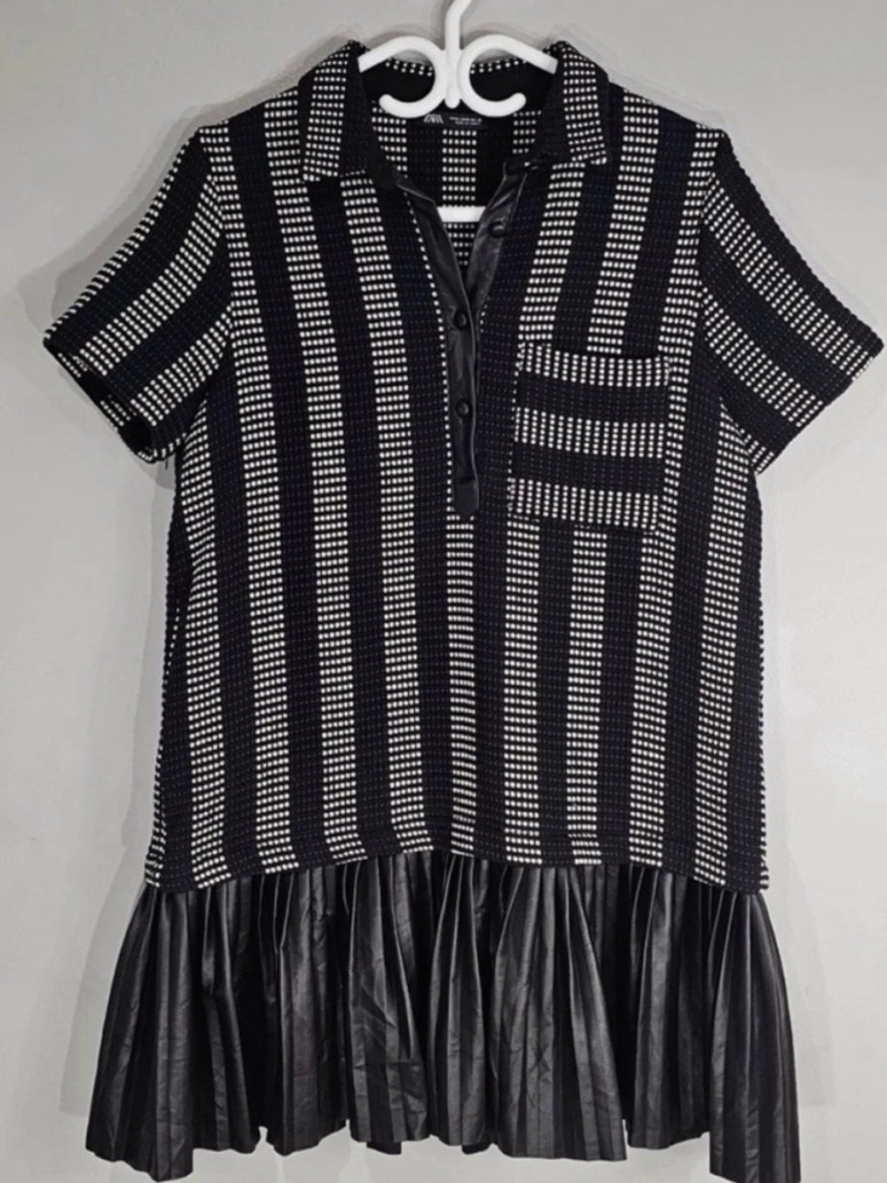 ZARA Textured Knit Polo Button Front Pleated Mini Dress Size M - Picture 2 of 10